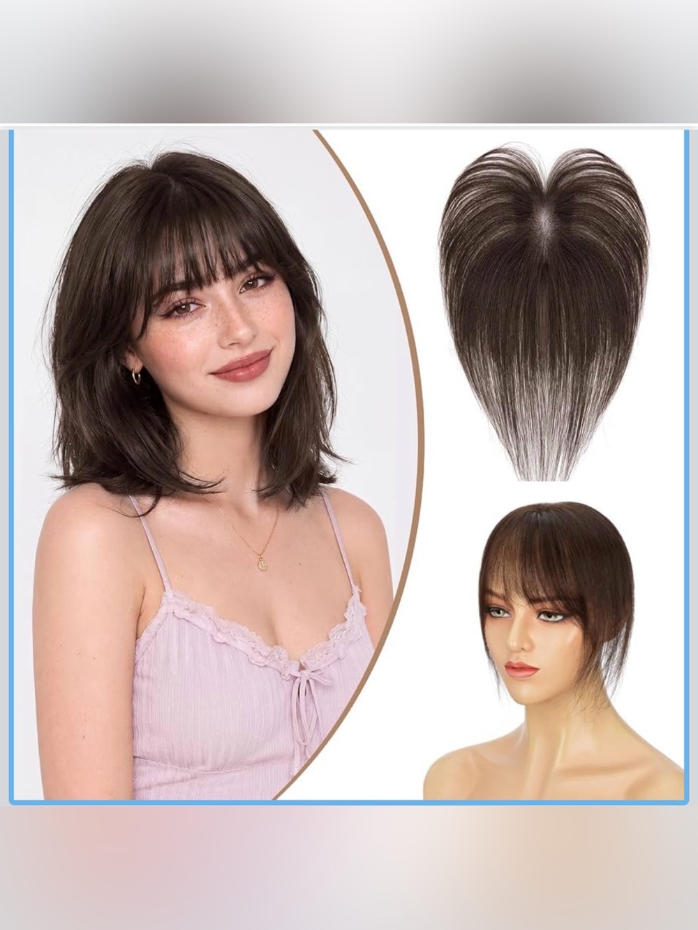 Real Human Hair Remy Hair Topper with 3D Wispy Air Bangs 7 * 11 Lace Base Ultra